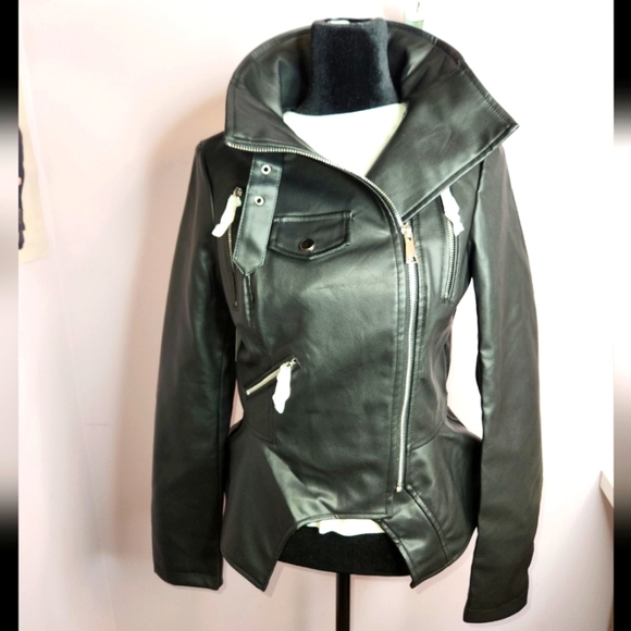 AZALEA WANG Women's Faux Leather Stand Collar Moto Biker Jacket Outwear, Black - Picture 6 of 15